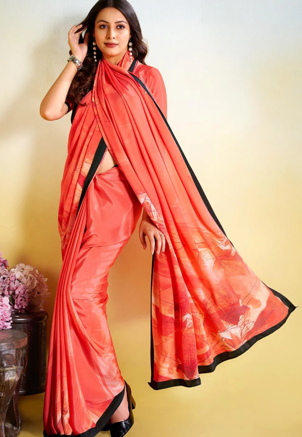 Digital Printed Crepe Saree in Peach