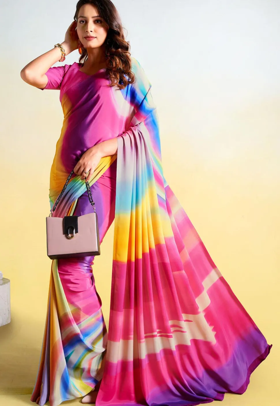 Digital Printed Crepe Saree in Multicolor
