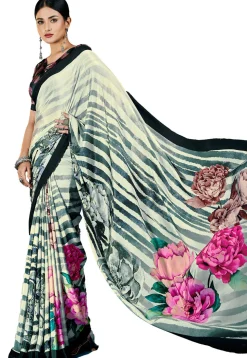 Digital Printed Crepe Saree in Cream