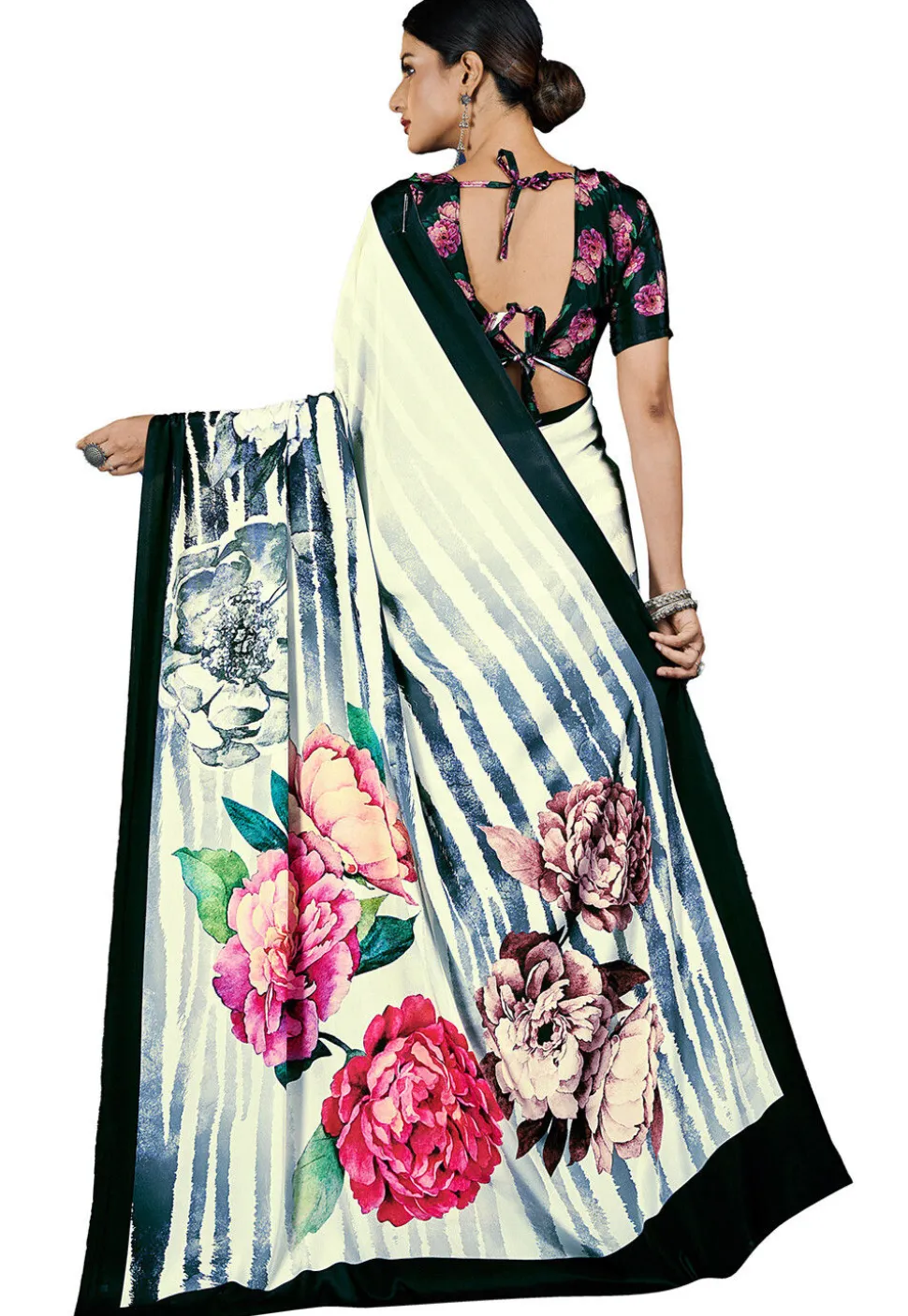 Digital Printed Crepe Saree in Cream
