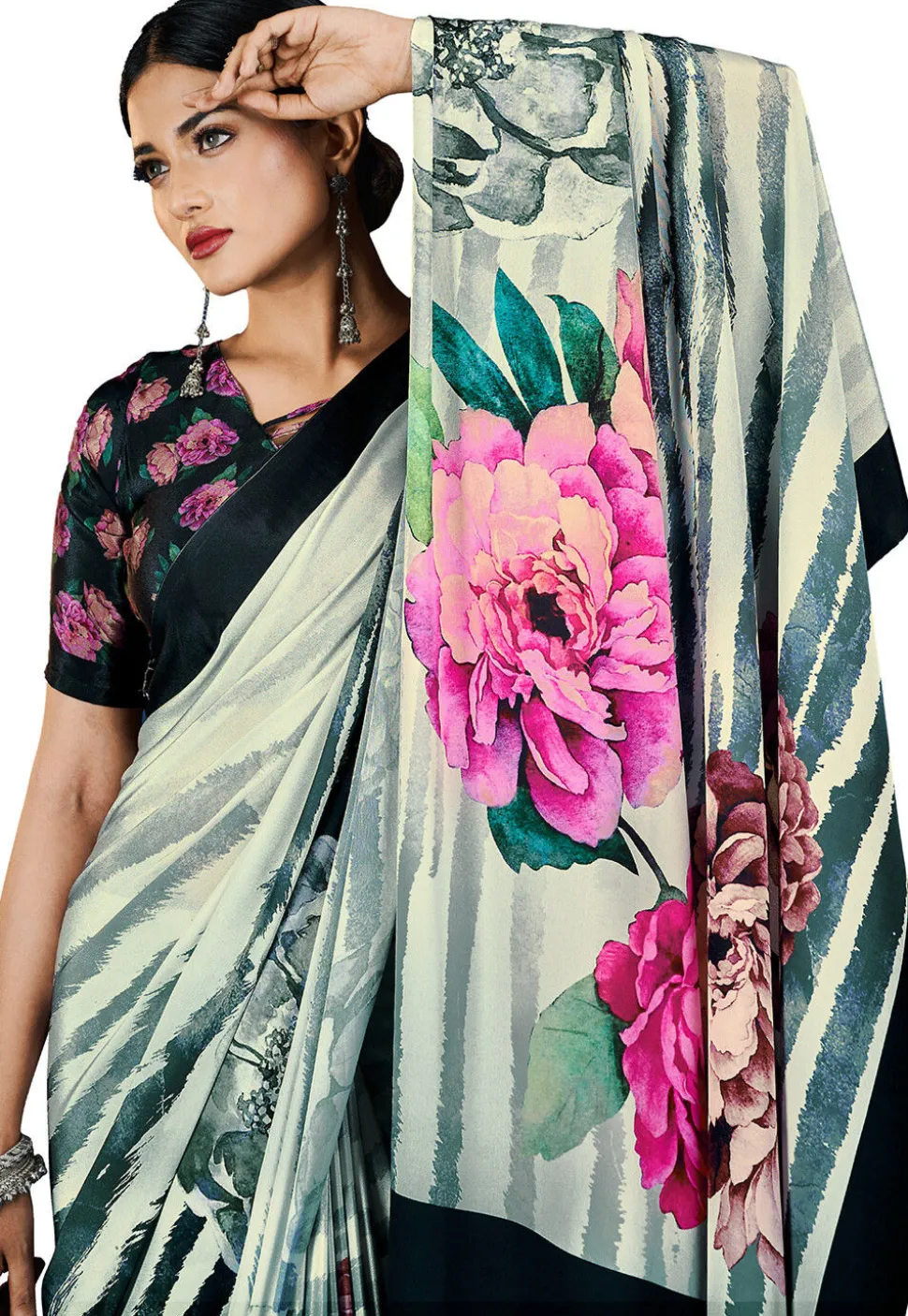 Digital Printed Crepe Saree in Cream