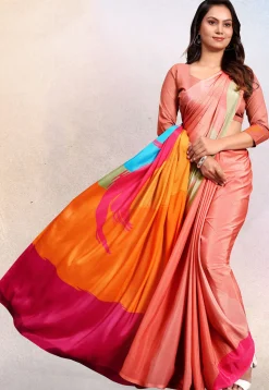 Digital Printed Crepe Saree in Peach and Multicolor