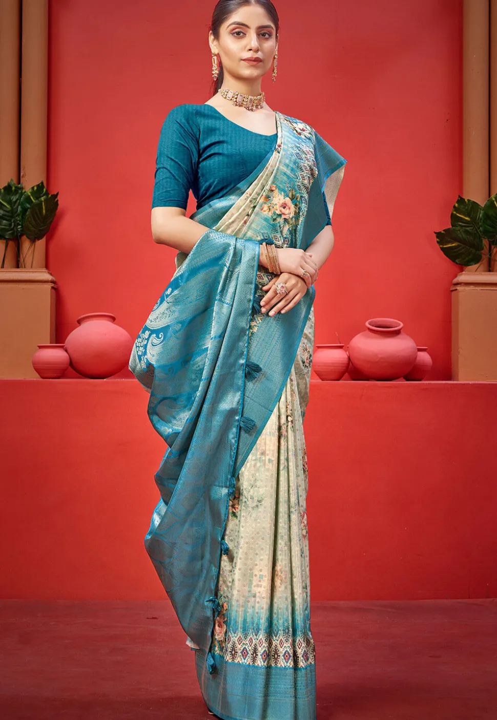Digital Printed Crepe Saree in Cream