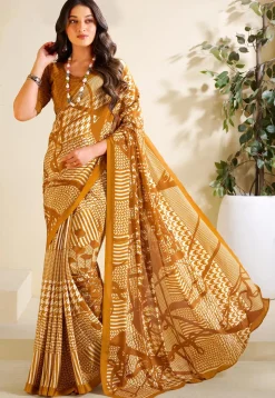 Digital Printed Crepe Saree in Cream and Mustard