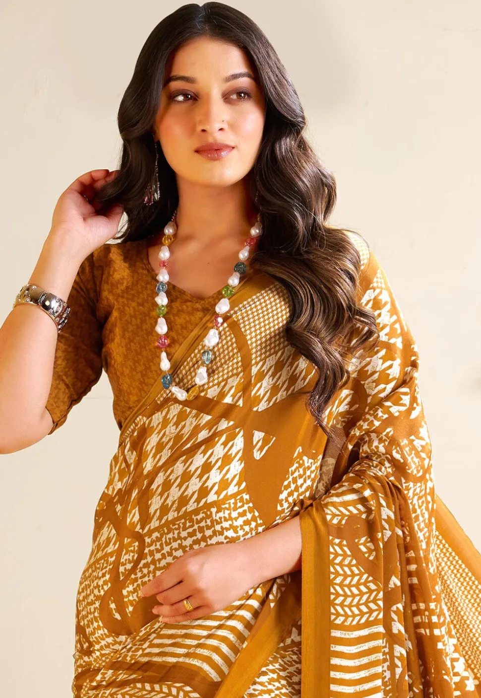 Digital Printed Crepe Saree in Cream and Mustard