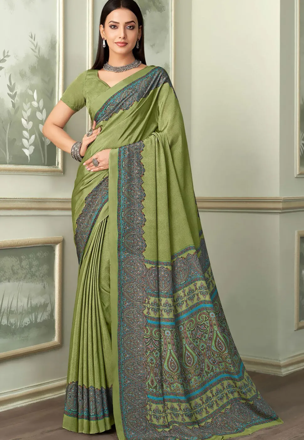 Digital Printed Crepe Saree in Light Green