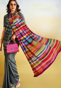 Digital Printed Crepe Saree in Grey