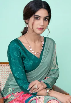 Digital Printed Crepe Saree in Sea Green