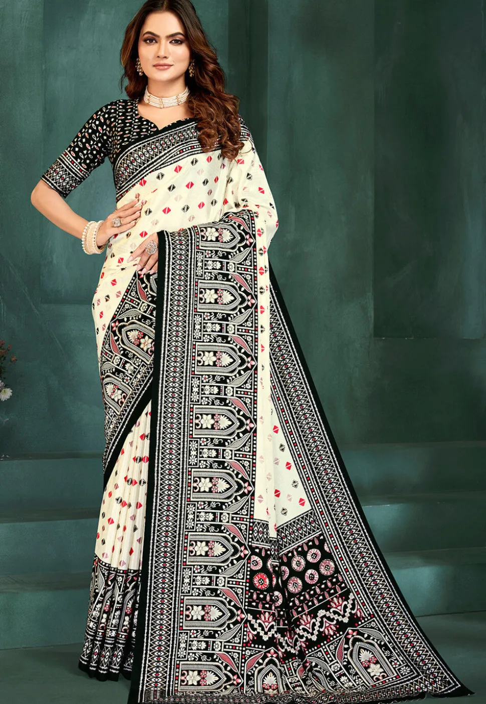 Digital Printed Crepe Saree in Off White