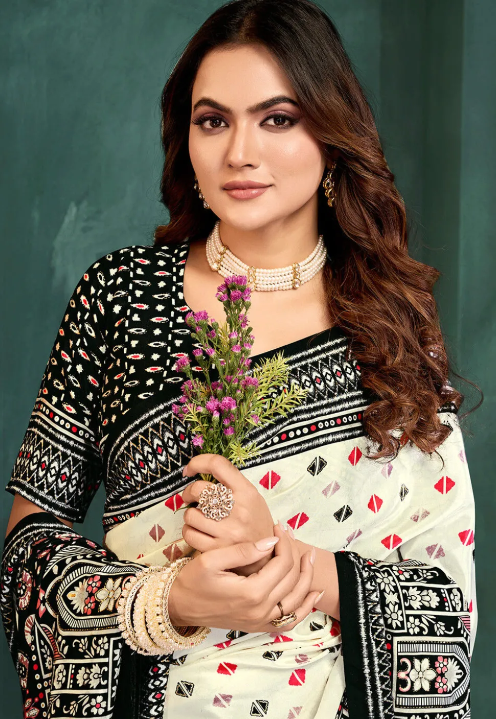 Digital Printed Crepe Saree in Off White