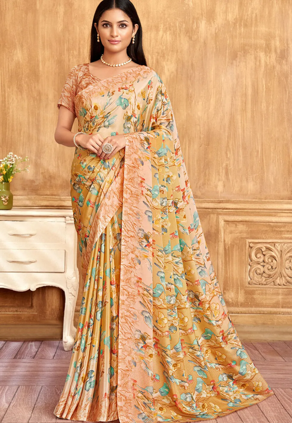 Digital Printed Crepe Saree in Yellow