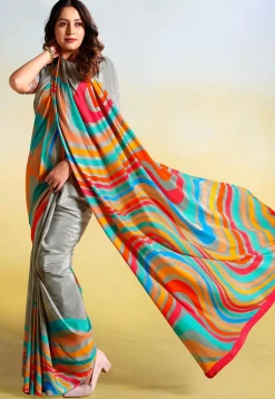 Digital Printed Crepe Saree in Grey