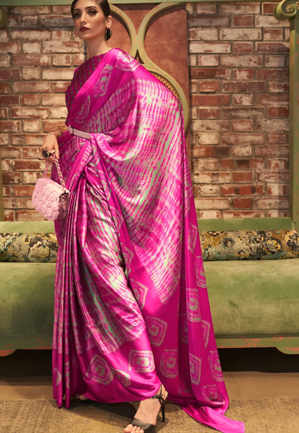 Digital Printed Crepe Saree in Fuchsia