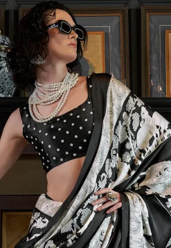 Digital Printed Crepe Saree in Off White and Black
