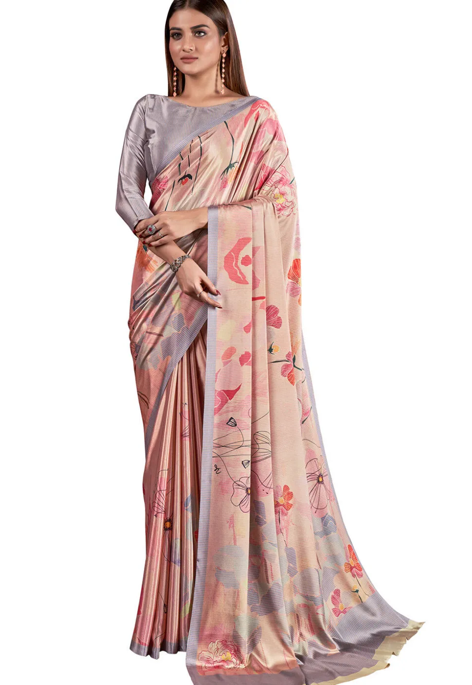 Digital Printed Crepe Saree in Peach