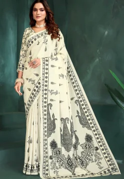 Digital Printed Crepe Saree in Off White