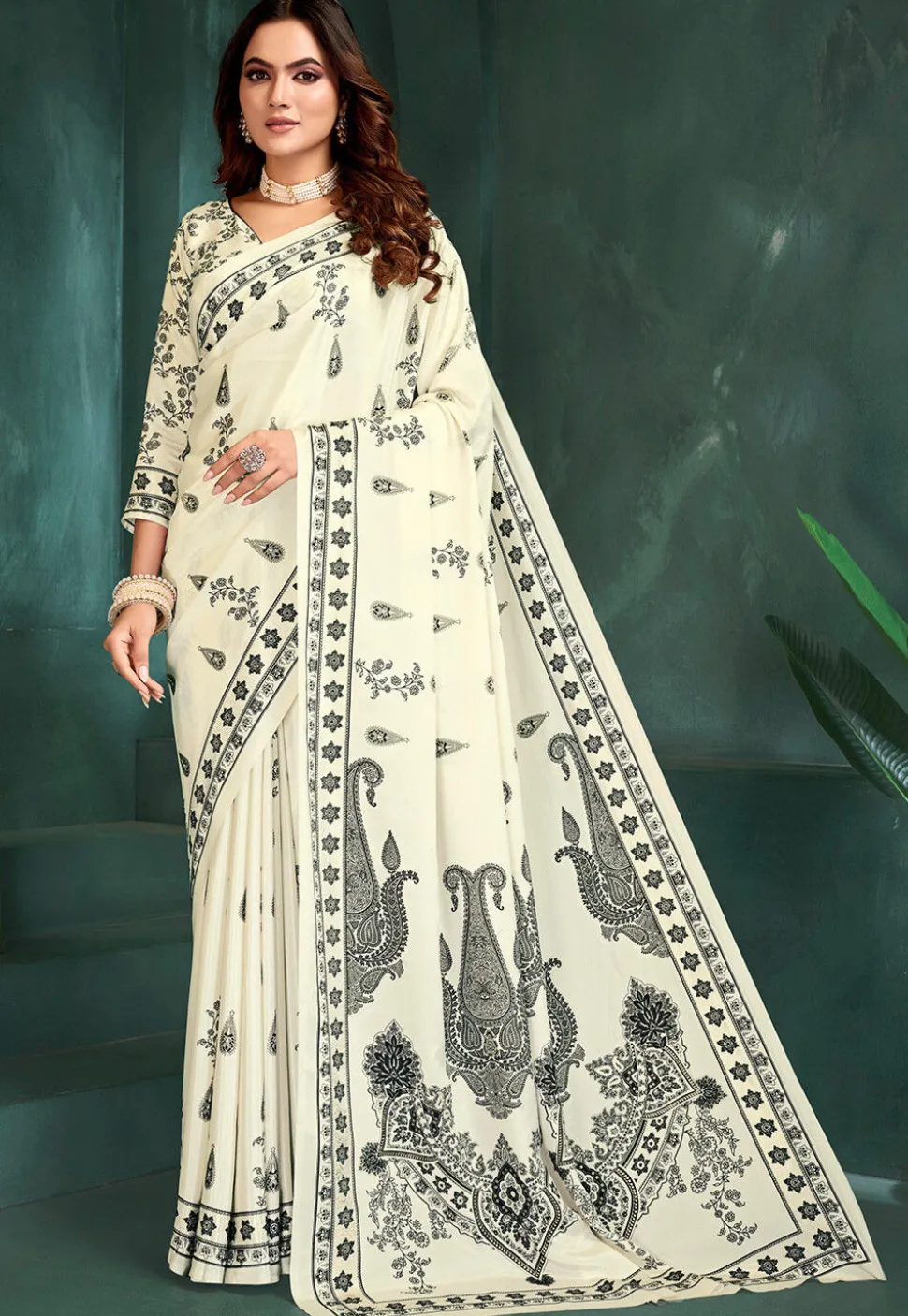 Digital Printed Crepe Saree in Off White