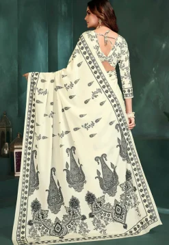 Digital Printed Crepe Saree in Off White