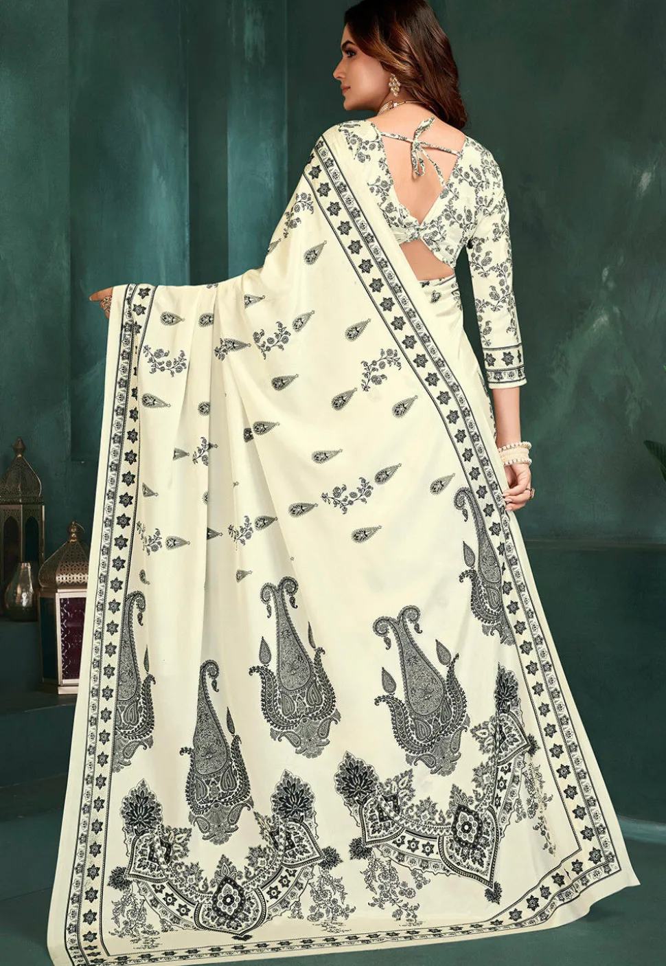 Digital Printed Crepe Saree in Off White