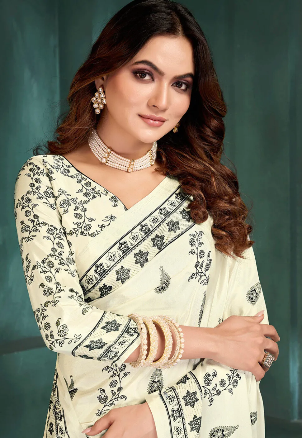 Digital Printed Crepe Saree in Off White