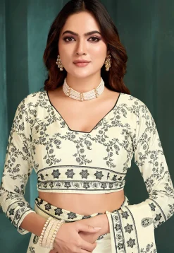 Digital Printed Crepe Saree in Off White