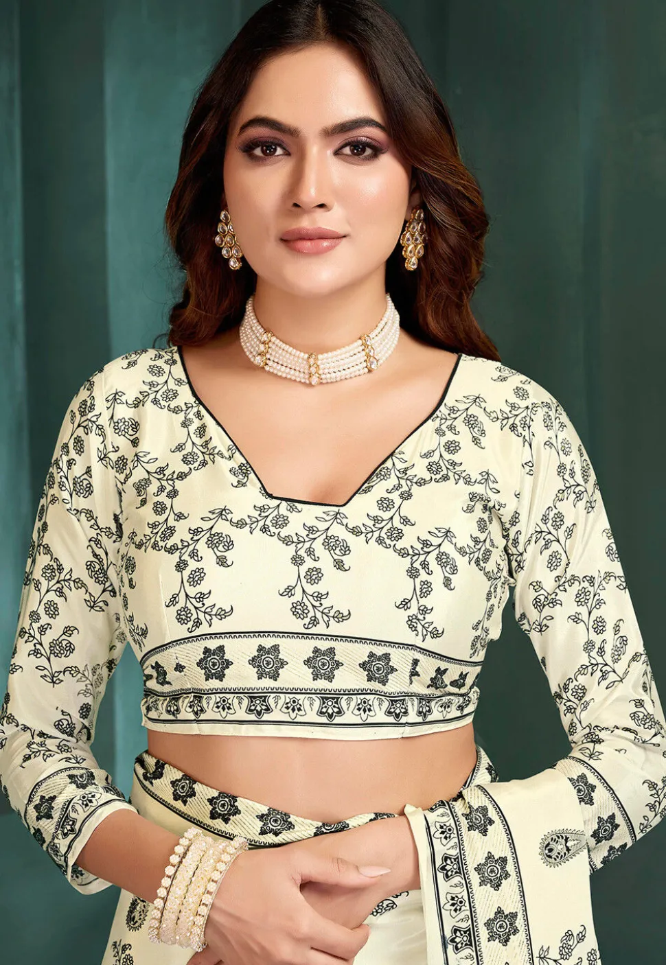 Digital Printed Crepe Saree in Off White