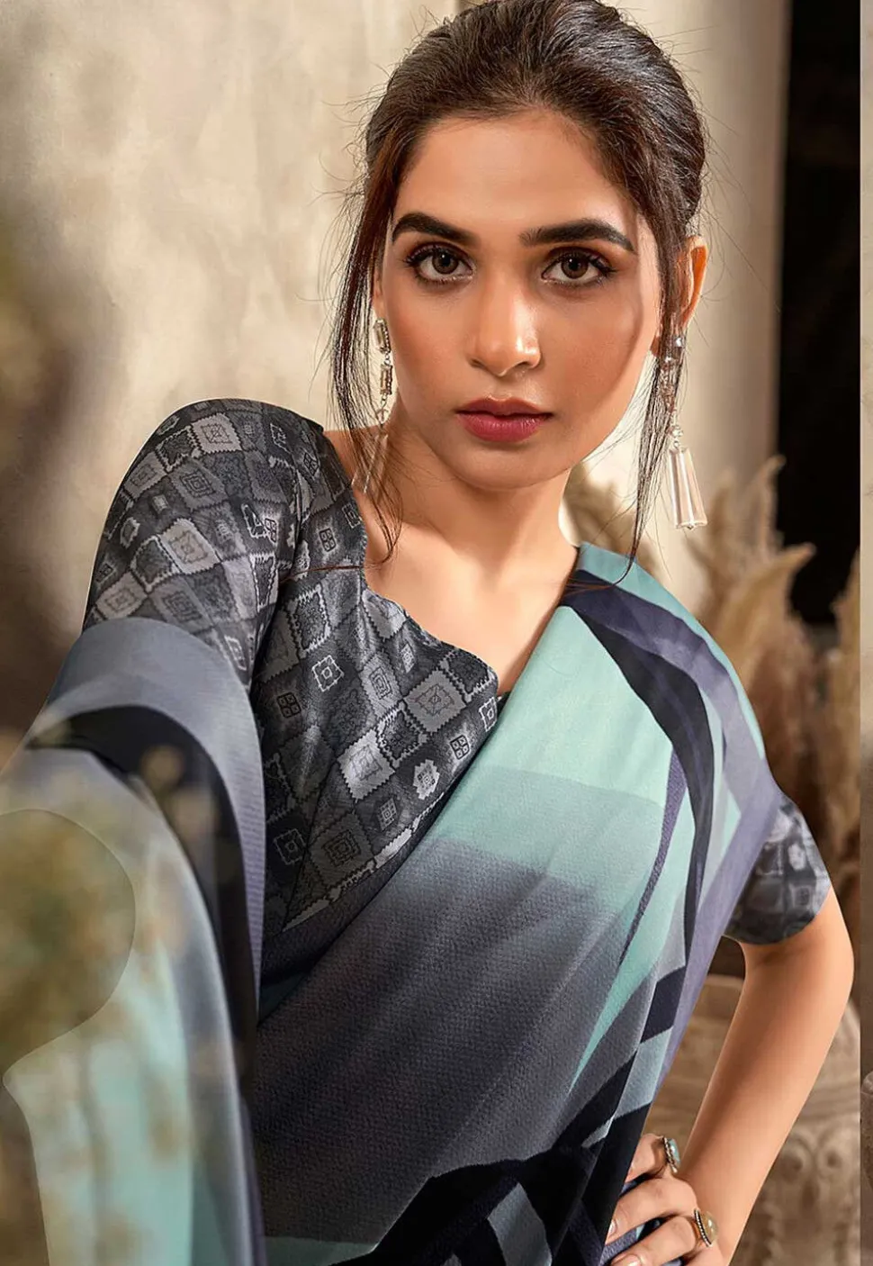 Digital Printed Crepe Saree in Sea Green