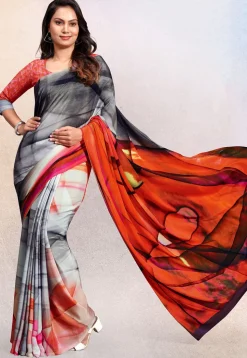 Digital Printed Crepe Saree in Grey and Multicolor