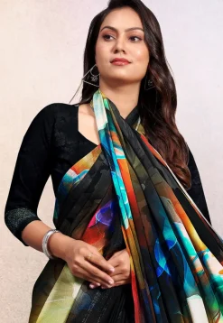 Digital Printed Crepe Saree in Black and Multicolor