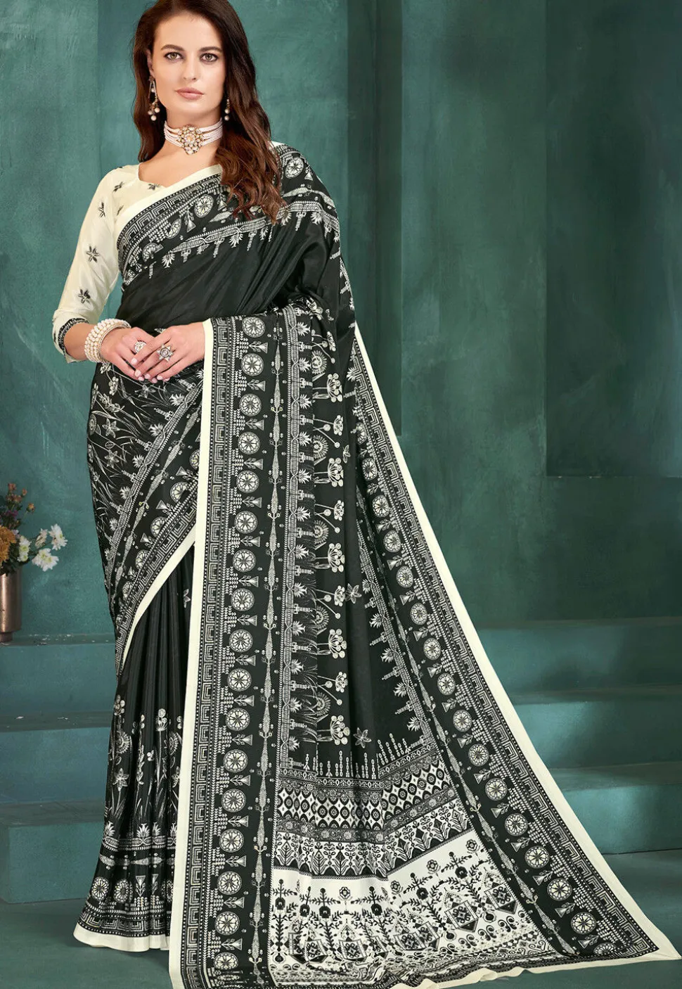 Digital Printed Crepe Saree in Black