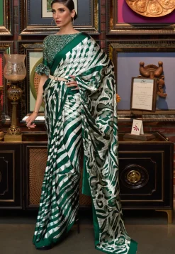Digital Printed Crepe Saree in Green and Off White