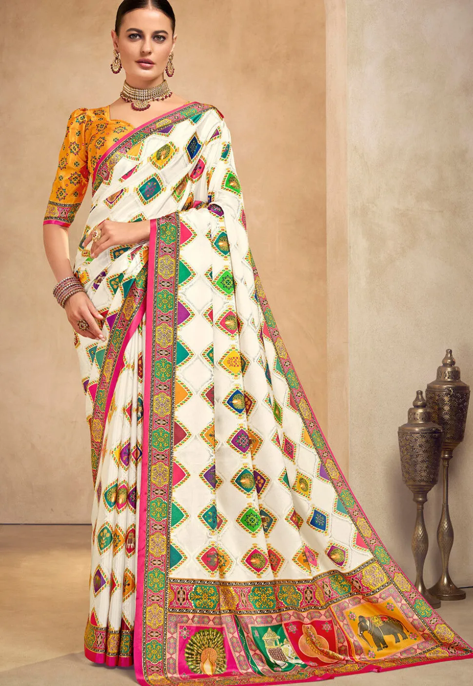 Digital Printed Crepe Saree in Off White