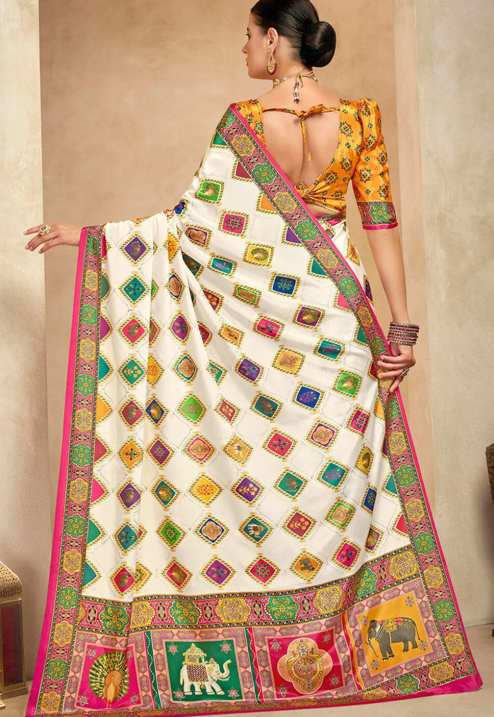 Digital Printed Crepe Saree in Off White