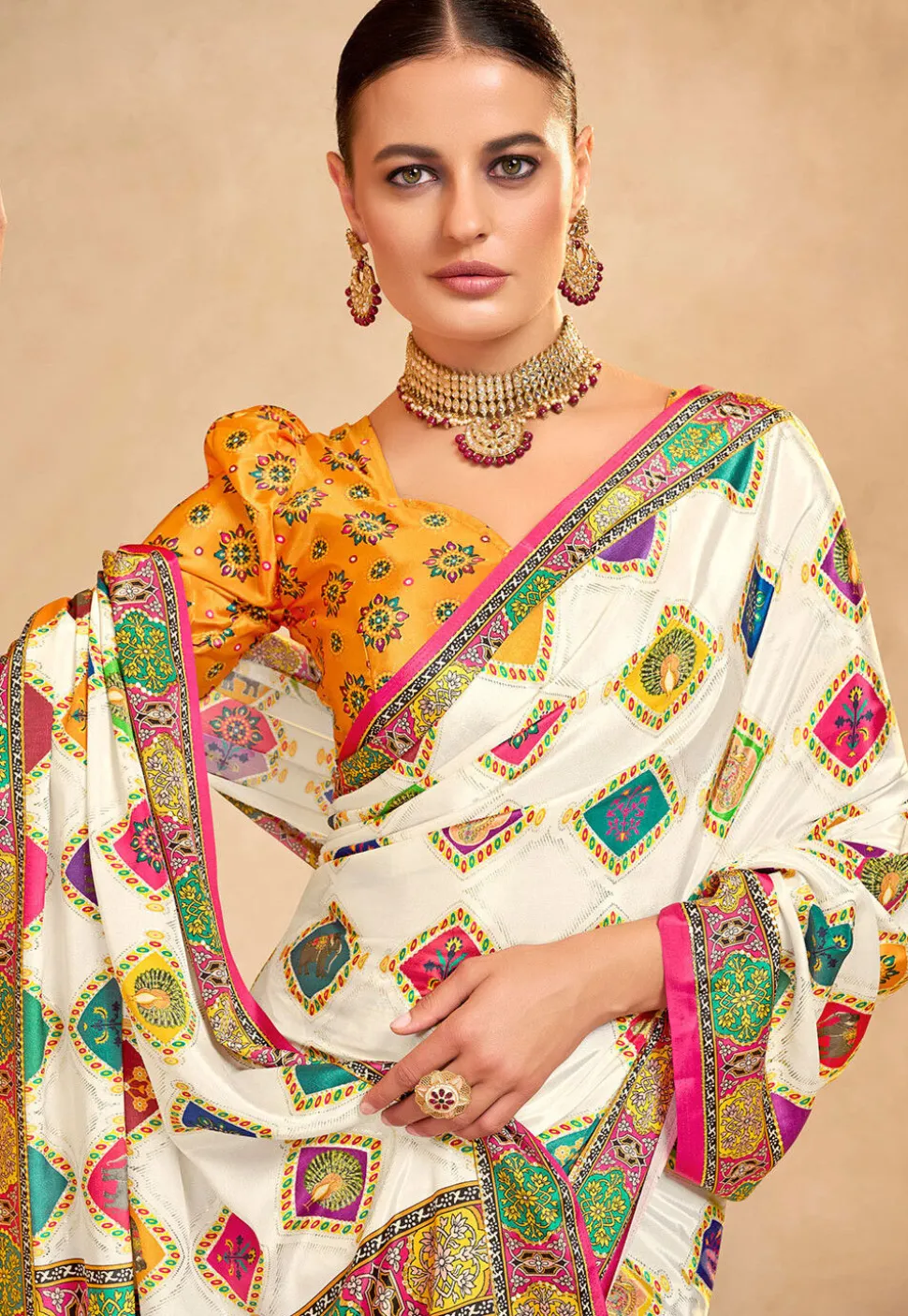 Digital Printed Crepe Saree in Off White