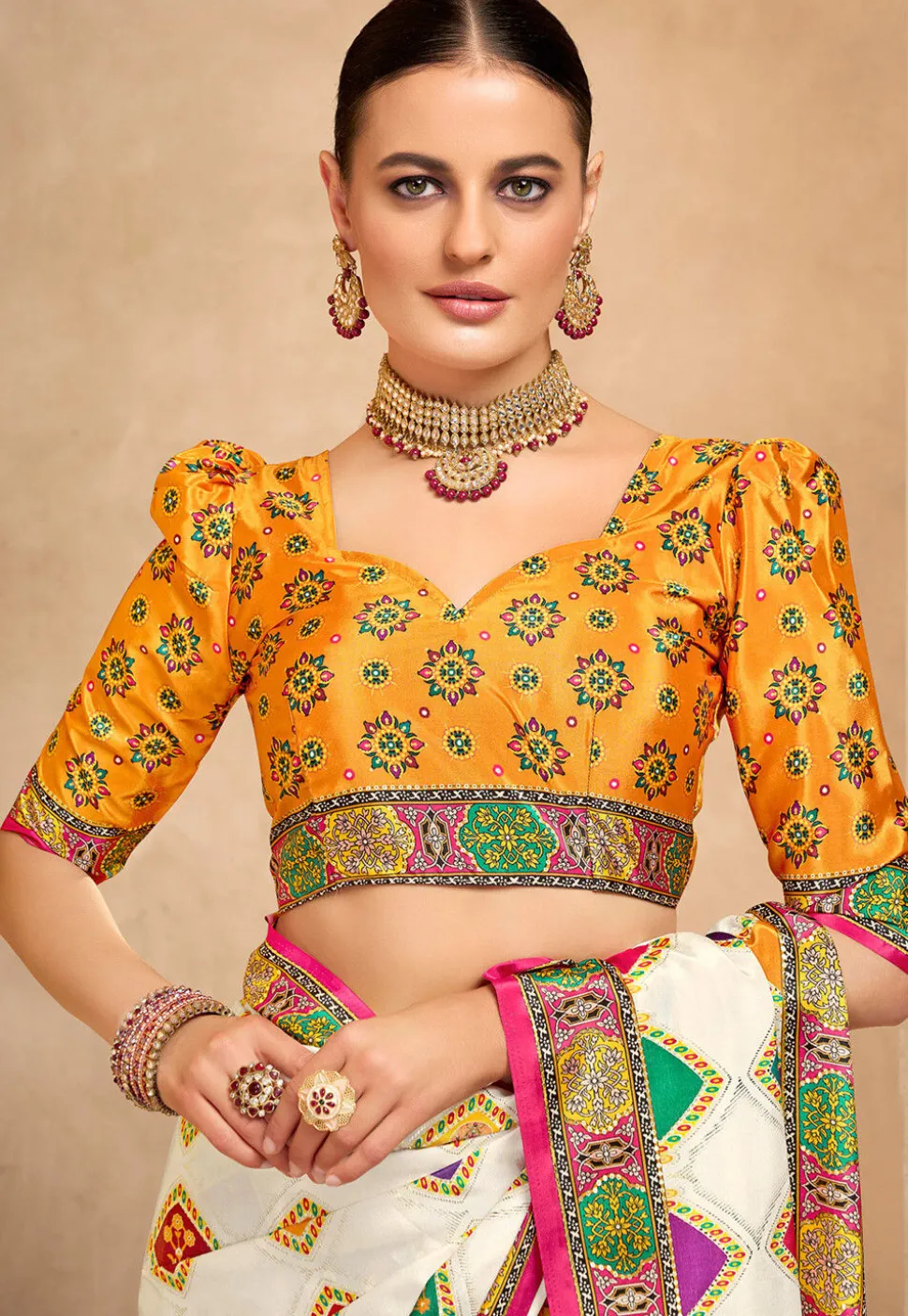 Digital Printed Crepe Saree in Off White