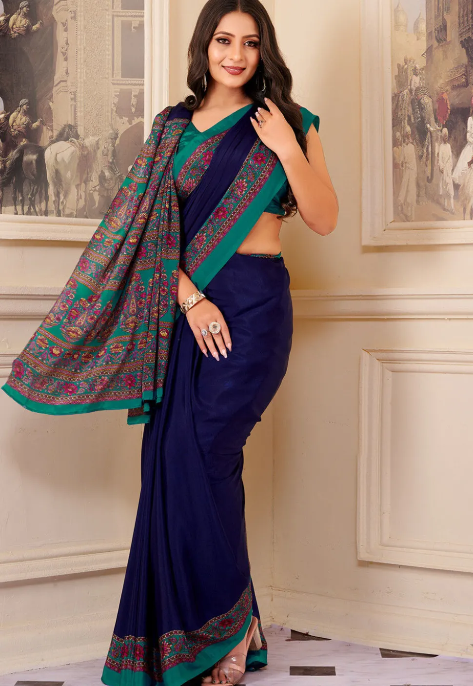 Digital Printed Crepe Saree in Navy Blue