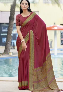 Digital Printed Crepe Saree in Maroon