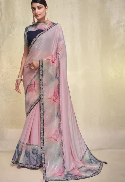 Digital Printed Crepe Saree in Pink
