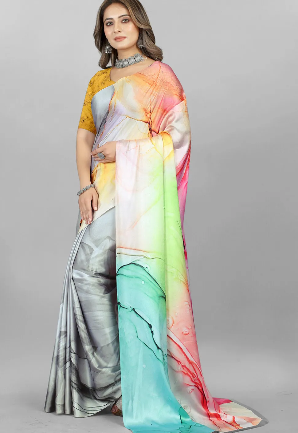 Digital Printed Crepe Saree in Multicolor