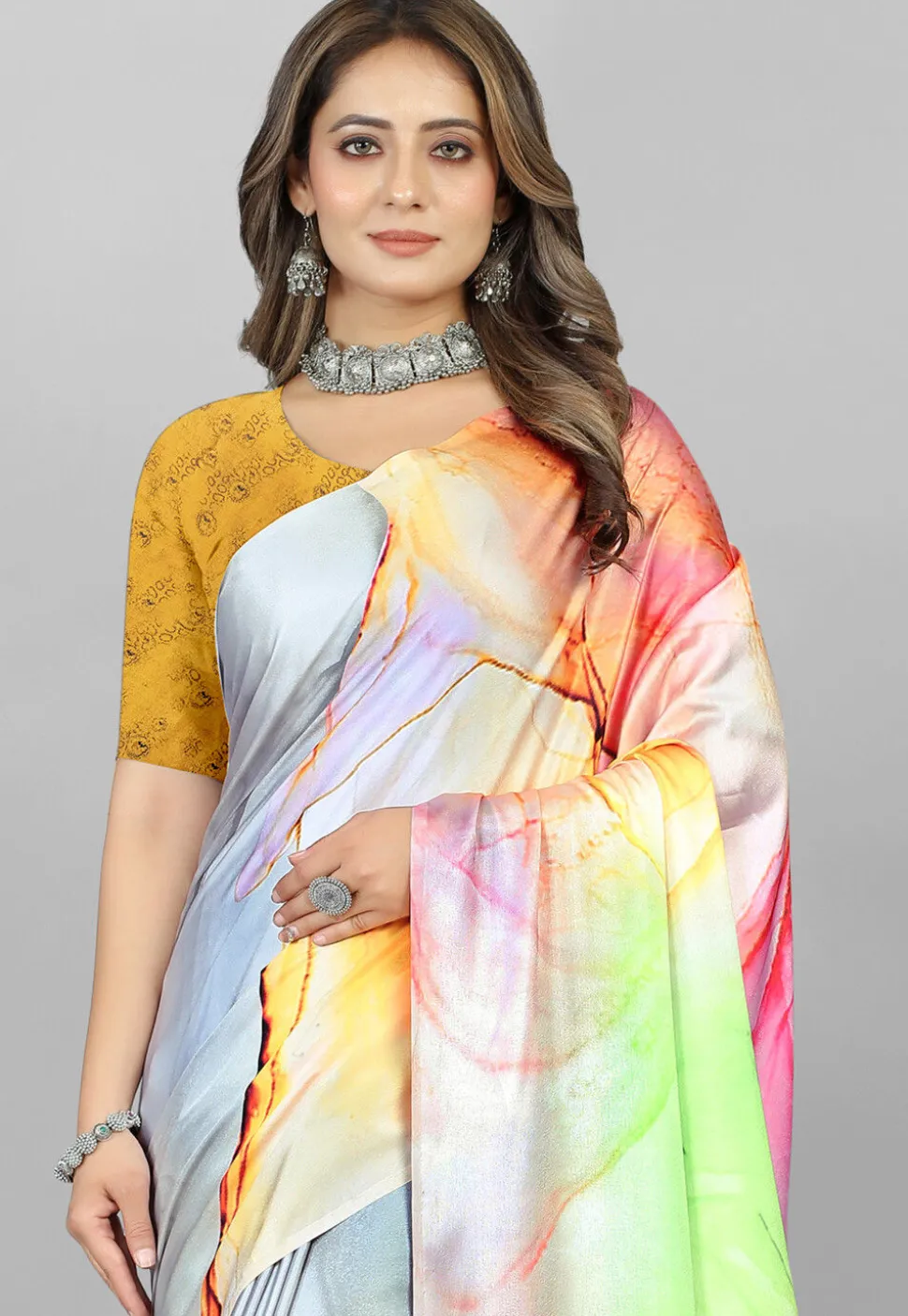 Digital Printed Crepe Saree in Multicolor