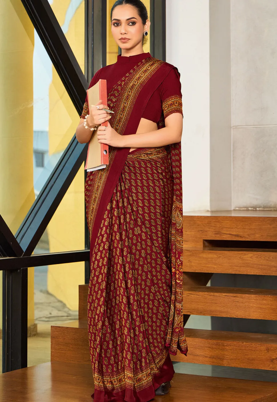 Digital Printed Crepe Saree in Maroon