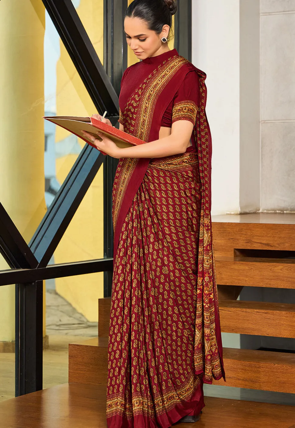 Digital Printed Crepe Saree in Maroon