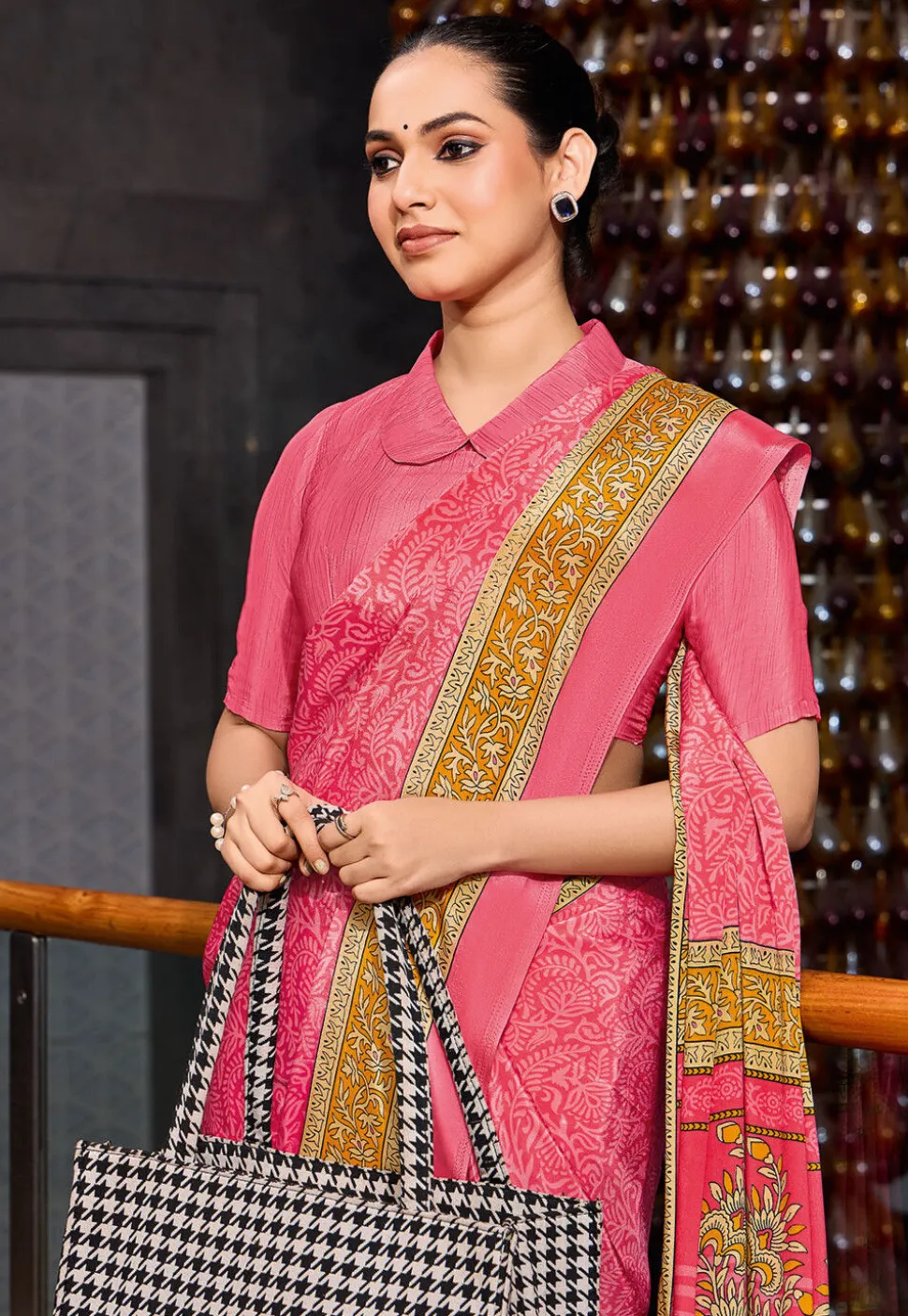 Digital Printed Crepe Saree in Pink