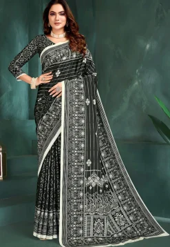 Digital Printed Crepe Saree in Black