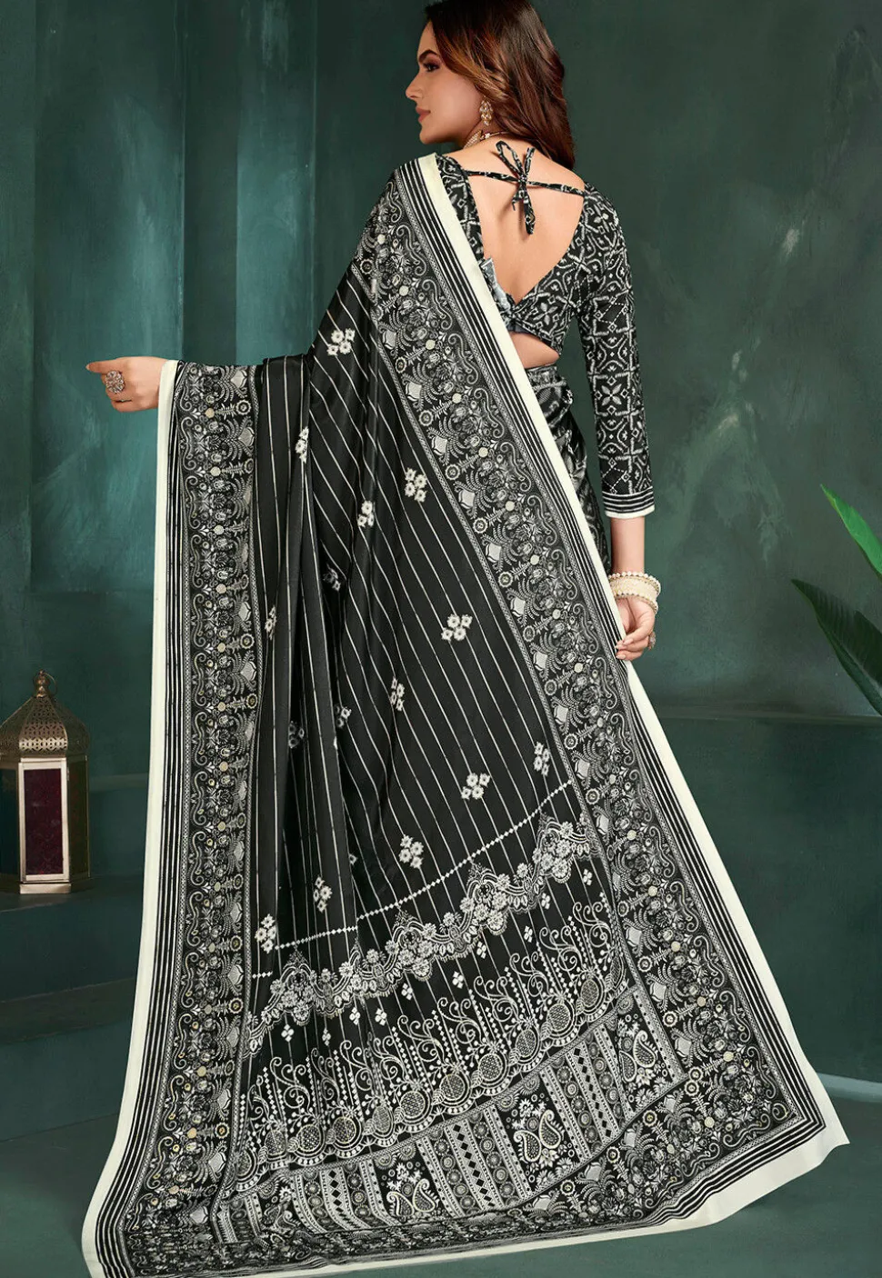 Digital Printed Crepe Saree in Black