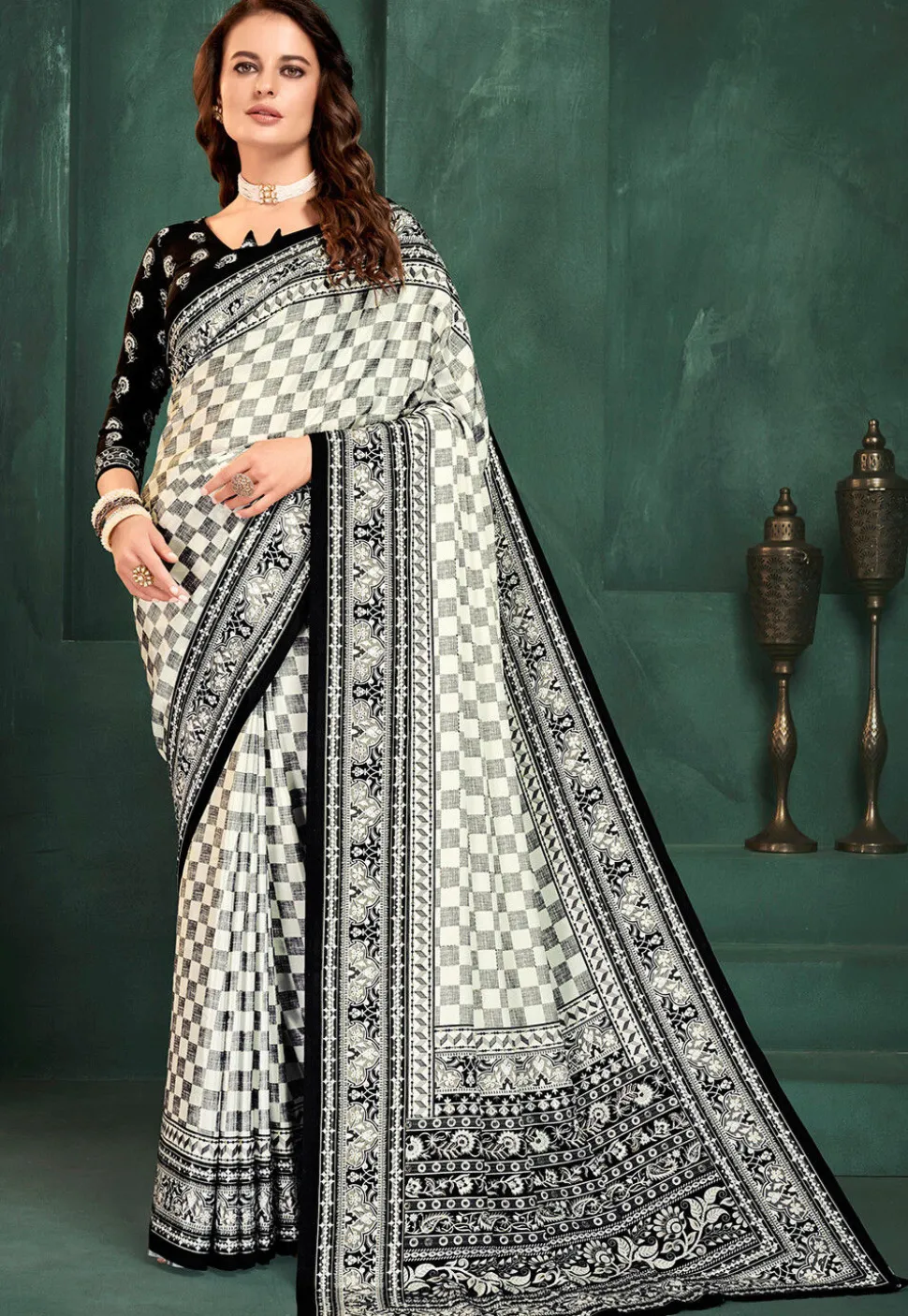 Digital Printed Crepe Saree in Off White
