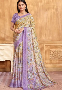 Digital Printed Crepe Saree in Beige
