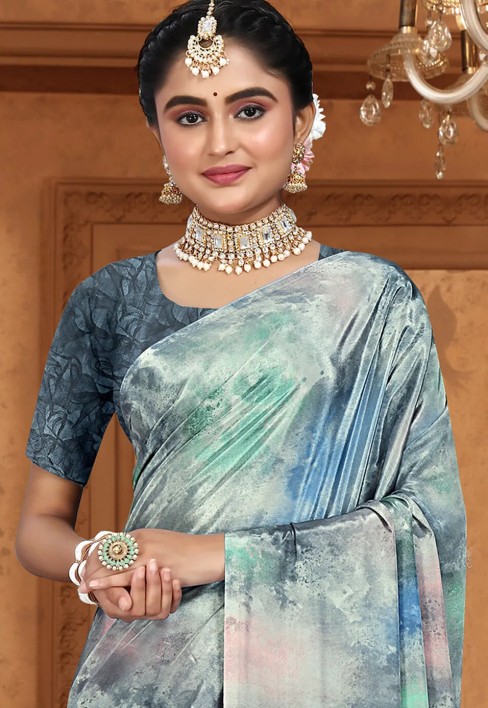 Digital Printed Crepe Saree in Multicolor