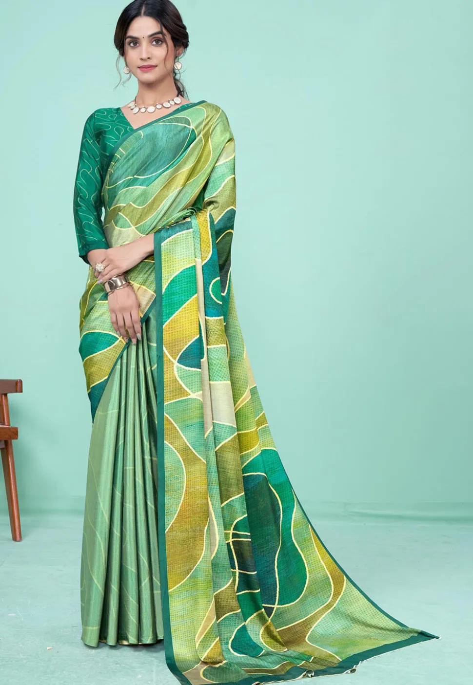 Digital Printed Crepe Saree in Green