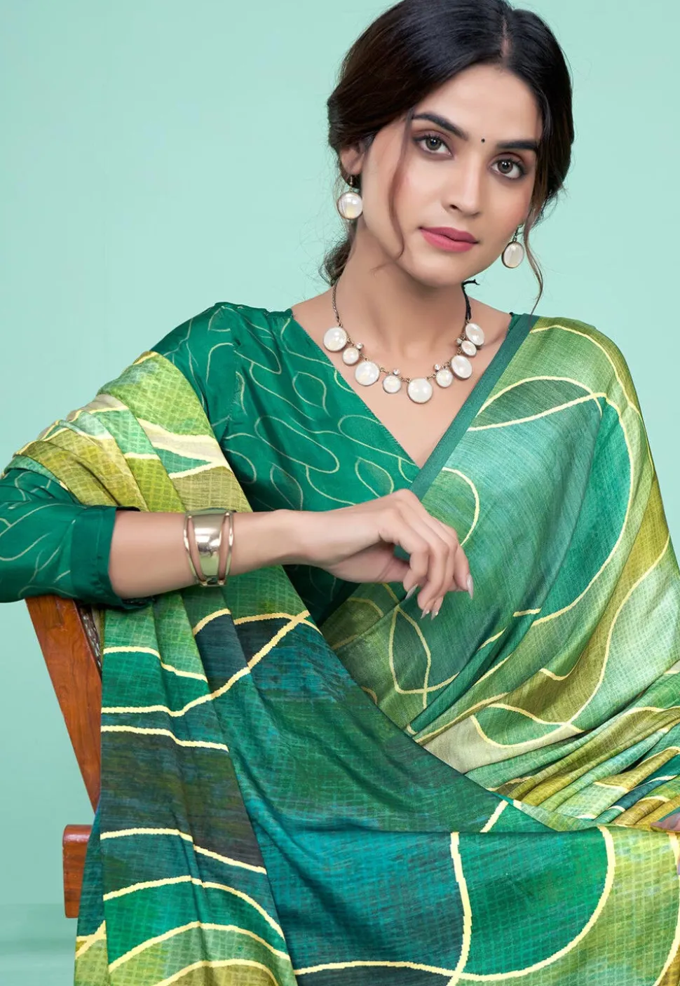 Digital Printed Crepe Saree in Green